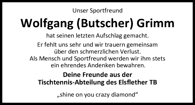  Traueranzeige für Wolfgang (Butscher) Grimm vom 17.04.2019 aus Nordwest-Zeitung