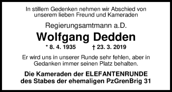 Traueranzeige von Wolfgang Dedden von Nordwest-Zeitung