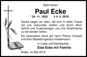Traueranzeige von Paul Ecke von Nordwest-Zeitung