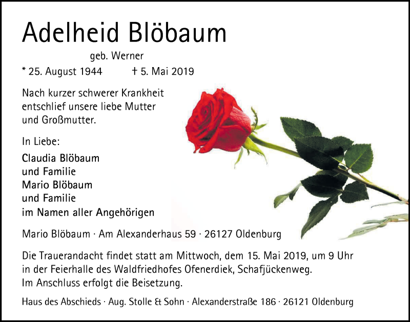  Traueranzeige für Adelheid Blöbaum vom 11.05.2019 aus Nordwest-Zeitung
