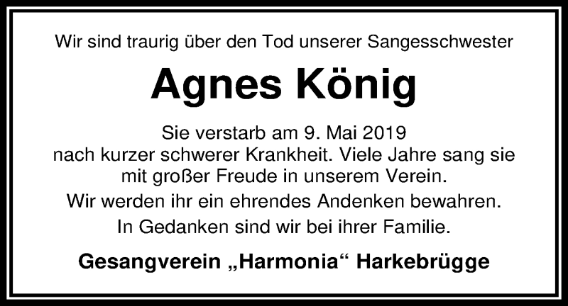  Traueranzeige für Agnes König vom 13.05.2019 aus Nordwest-Zeitung