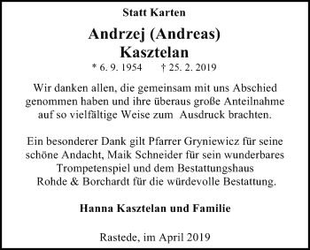 Traueranzeige von Andrzej (Andreas) Kasztelan von Nordwest-Zeitung