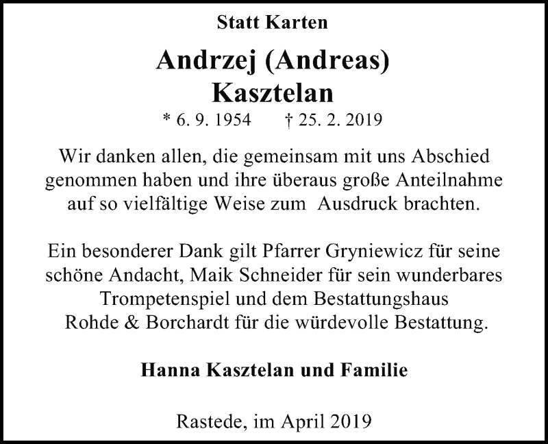  Traueranzeige für Andrzej (Andreas) Kasztelan vom 03.05.2019 aus Nordwest-Zeitung