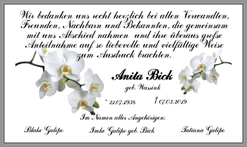 Traueranzeige von Anita Bick von Nordwest-Zeitung