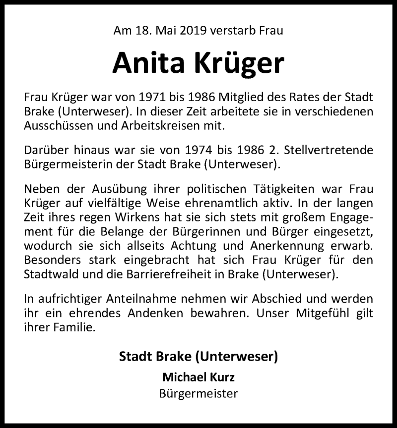  Traueranzeige für Anita Krüger vom 25.05.2019 aus Nordwest-Zeitung