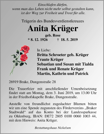 Traueranzeige von Anita Krüger von Nordwest-Zeitung