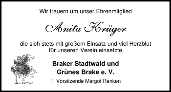 Traueranzeige von Anita Krüger von Nordwest-Zeitung