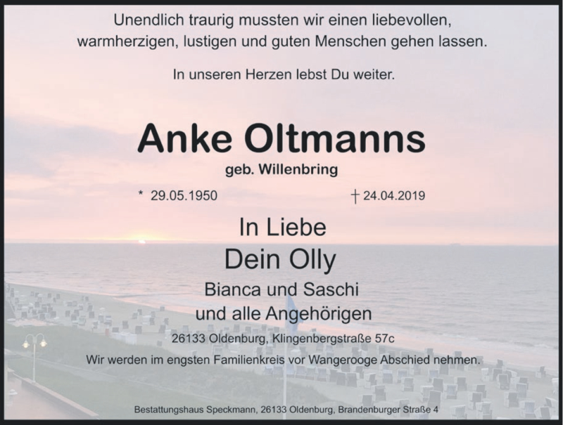  Traueranzeige für Anke Oltmanns vom 02.05.2019 aus Nordwest-Zeitung