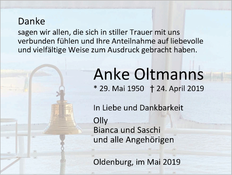  Traueranzeige für Anke Oltmanns vom 29.05.2019 aus Nordwest-Zeitung