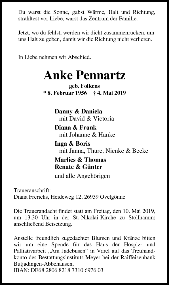  Traueranzeige für Anke Pennartz vom 07.05.2019 aus Nordwest-Zeitung