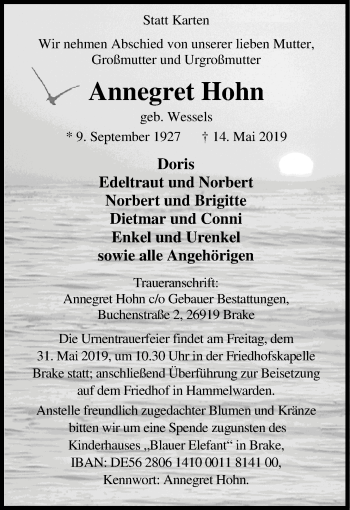 Traueranzeige von Annegret Hohn von Nordwest-Zeitung