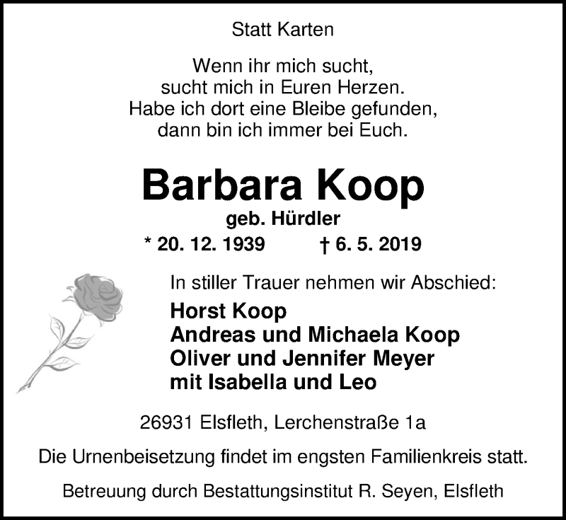  Traueranzeige für Barbara Koop vom 11.05.2019 aus Nordwest-Zeitung