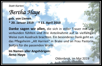 Traueranzeige von Bertha Haye von Nordwest-Zeitung