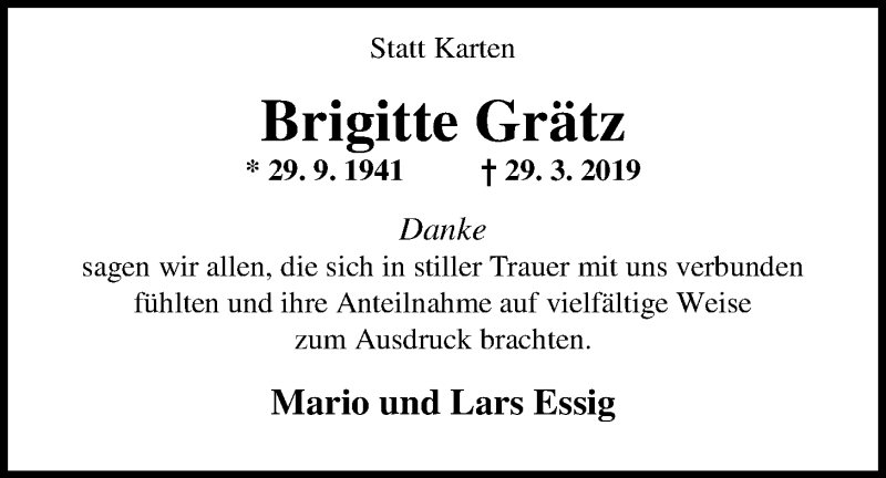  Traueranzeige für Brigitte Grätz vom 07.05.2019 aus Nordwest-Zeitung