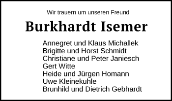 Traueranzeige von Burkhardt Isemer von Nordwest-Zeitung