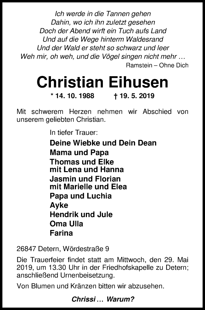  Traueranzeige für Christian Eihusen vom 23.05.2019 aus Nordwest-Zeitung