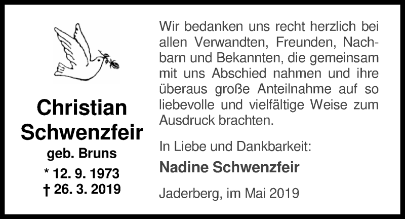  Traueranzeige für Christian Schwenzfeir vom 25.05.2019 aus Nordwest-Zeitung
