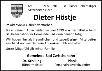 Traueranzeige von Dieter Höstje von Nordwest-Zeitung