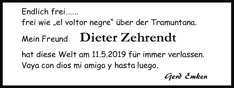  Traueranzeige für Dieter Zehrendt vom 25.05.2019 aus Nordwest-Zeitung