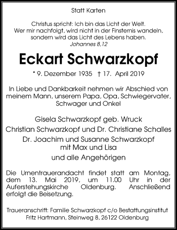 Traueranzeige von Eckart Schwarzkopf von Nordwest-Zeitung