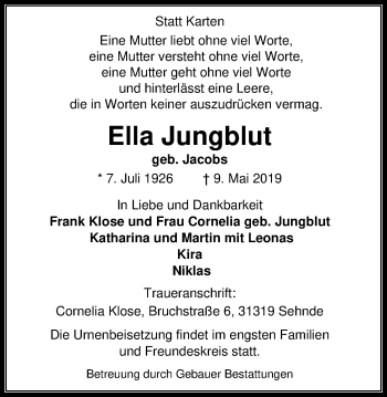 Traueranzeige von Ella Jungblut von Nordwest-Zeitung