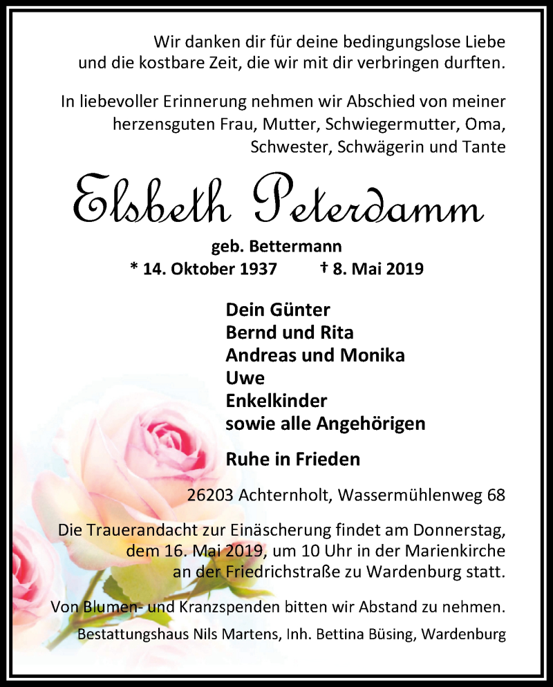  Traueranzeige für Elsbeth Peterdamm vom 10.05.2019 aus Nordwest-Zeitung