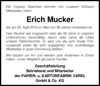 Traueranzeige von Erich Mucker von Nordwest-Zeitung