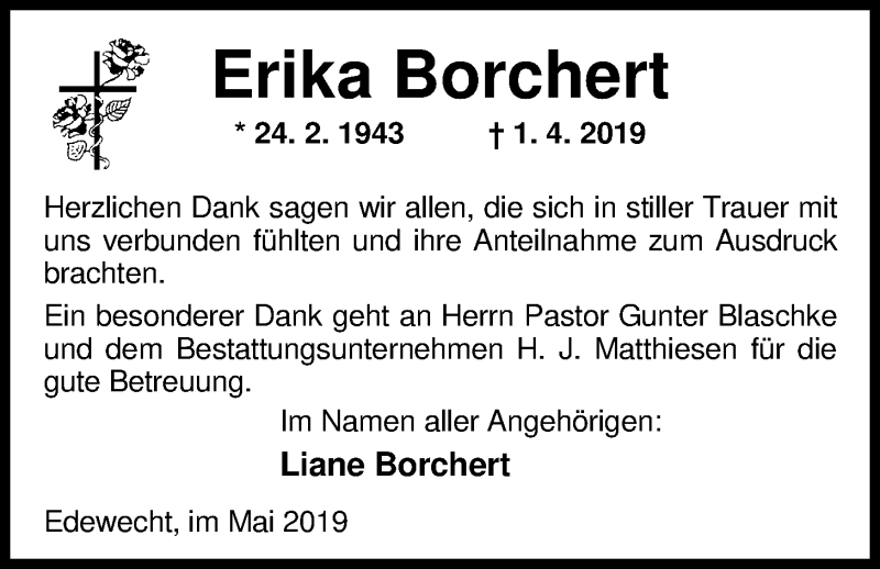  Traueranzeige für Erika Borchert vom 11.05.2019 aus Nordwest-Zeitung