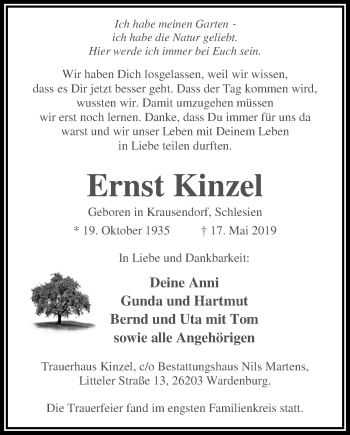 Traueranzeige von Ernst Kinzel von Nordwest-Zeitung