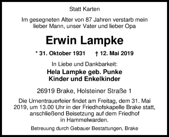 Traueranzeige von Erwin Lampke von Nordwest-Zeitung