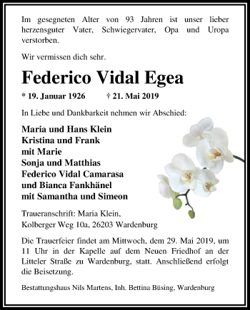Traueranzeige von Federico Vidal Egea von Nordwest-Zeitung