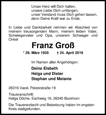 Traueranzeige von Franz Groß von Nordwest-Zeitung