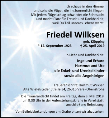 Traueranzeige von Friedel Wilksen von Nordwest-Zeitung
