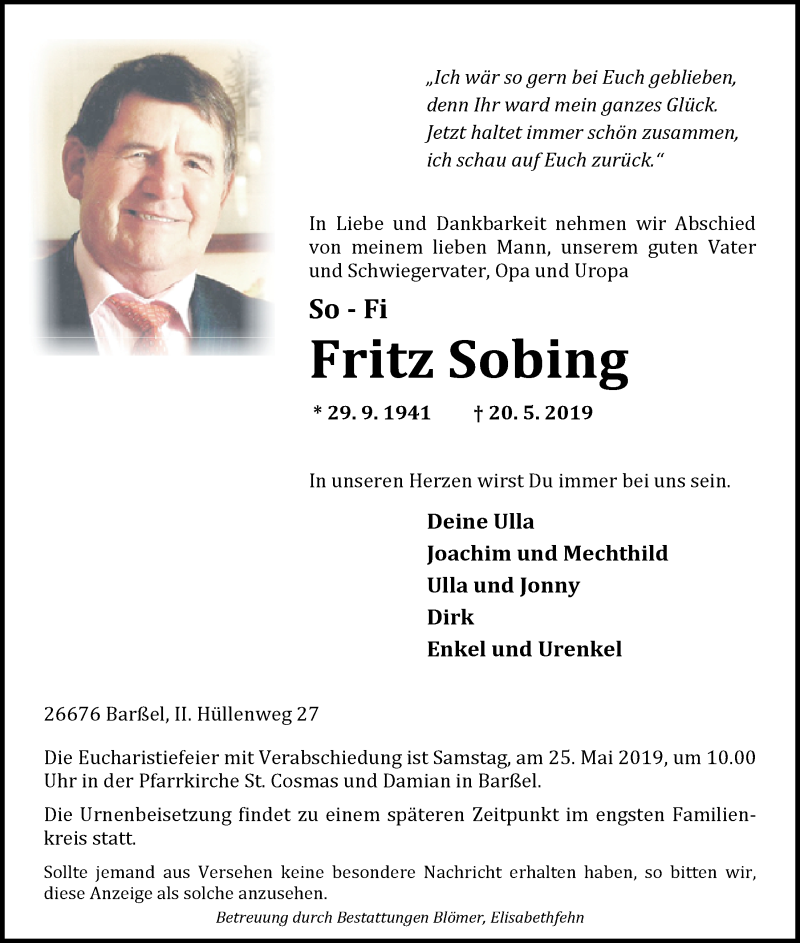  Traueranzeige für Fritz Sobing vom 22.05.2019 aus Nordwest-Zeitung