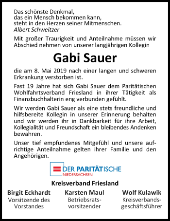 Traueranzeige von Gabi Sauer von Nordwest-Zeitung