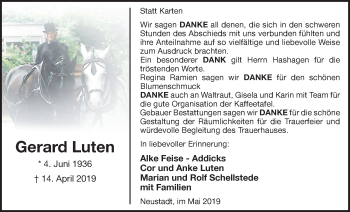 Traueranzeige von Gerard Luten von Nordwest-Zeitung