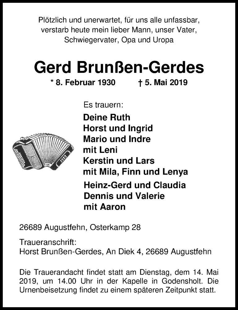  Traueranzeige für Gerd Brunßen-Gerdes vom 09.05.2019 aus Nordwest-Zeitung