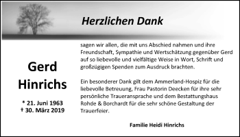 Traueranzeige von Gerd Hinrichs von Nordwest-Zeitung