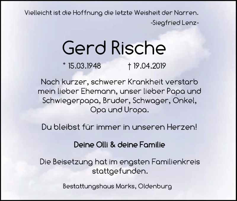  Traueranzeige für Gerd Rische vom 14.05.2019 aus Nordwest-Zeitung