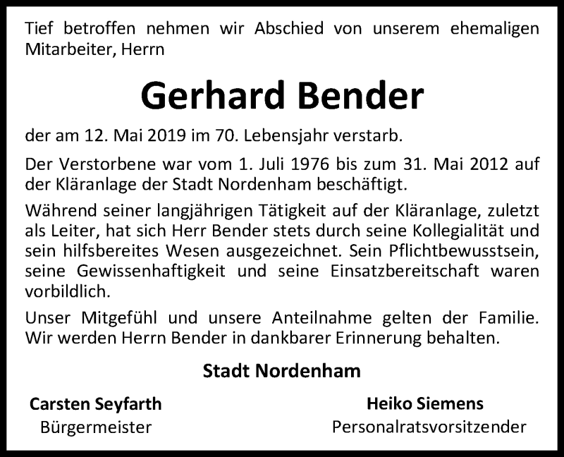  Traueranzeige für Gerhard Bender vom 17.05.2019 aus Nordwest-Zeitung