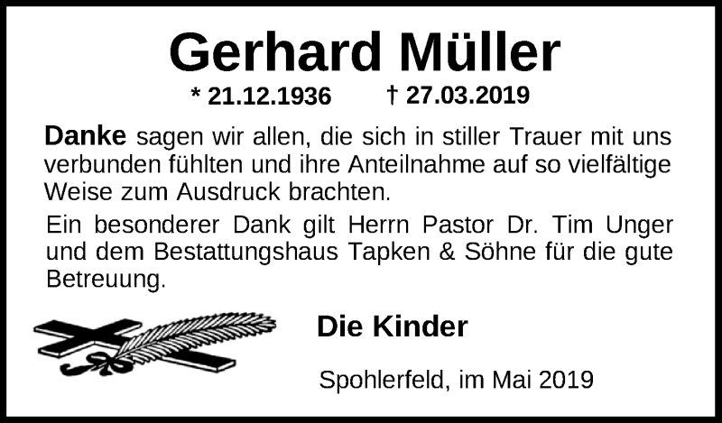  Traueranzeige für Gerhard Müller vom 15.05.2019 aus Nordwest-Zeitung