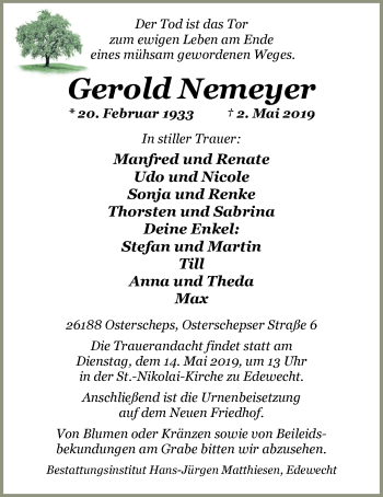 Traueranzeige von Gerold Nemeyer von Nordwest-Zeitung