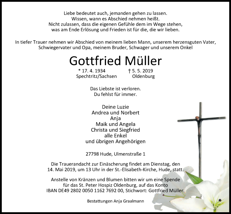  Traueranzeige für Gottfried Müller vom 09.05.2019 aus Nordwest-Zeitung