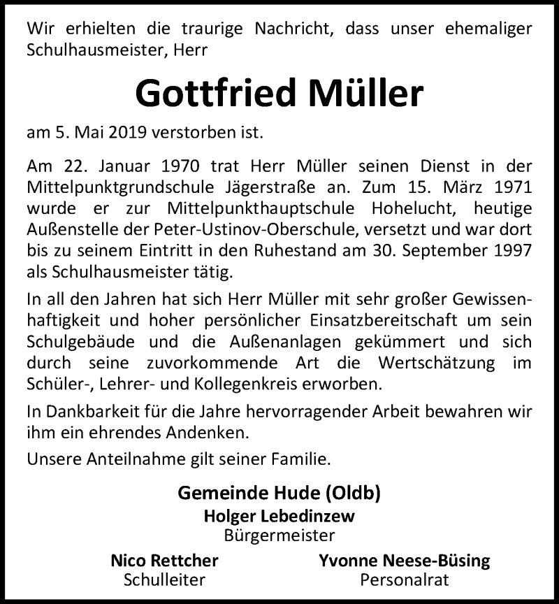  Traueranzeige für Gottfried Müller vom 09.05.2019 aus Nordwest-Zeitung