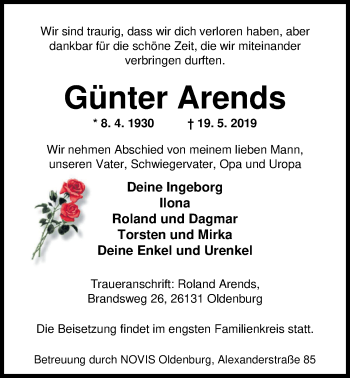 Traueranzeige von Günter Arends von Nordwest-Zeitung