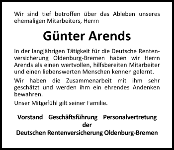 Traueranzeige von Günter Arends von Nordwest-Zeitung