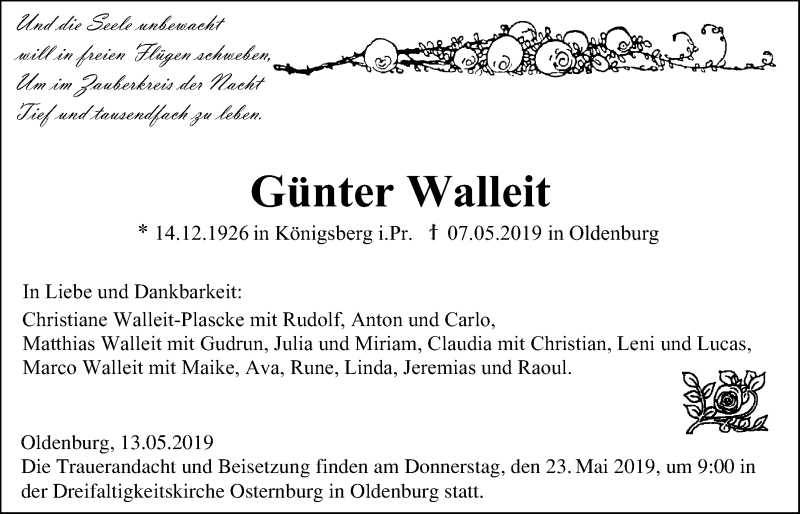  Traueranzeige für Günter Walleit vom 14.05.2019 aus Nordwest-Zeitung