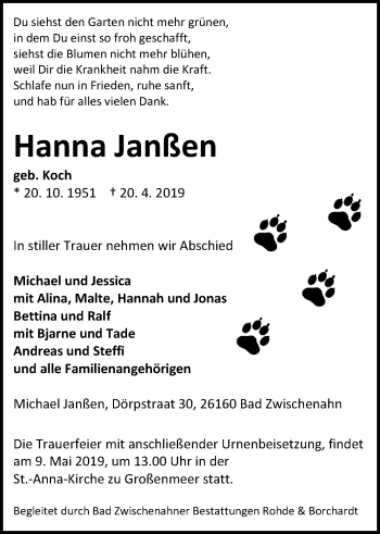 Traueranzeige von Hanna Janßen von Nordwest-Zeitung