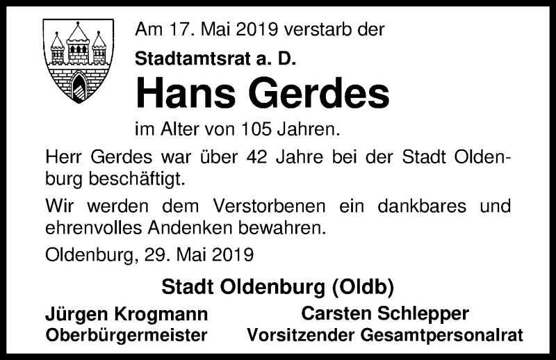  Traueranzeige für Hans Gerdes vom 29.05.2019 aus Nordwest-Zeitung