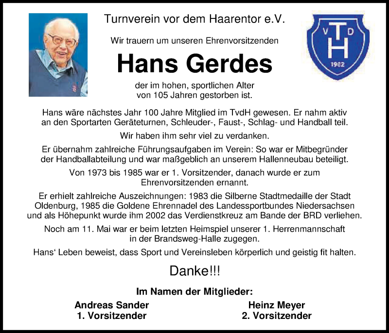  Traueranzeige für Hans Gerdes vom 29.05.2019 aus Nordwest-Zeitung